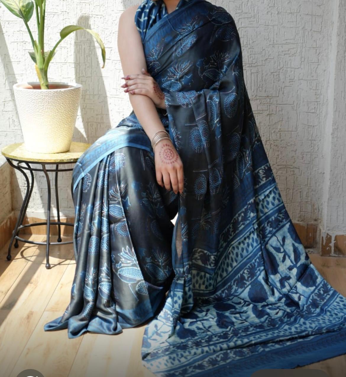 Pure Modal Silk Ajrekh Hand Block Print Grey Saree