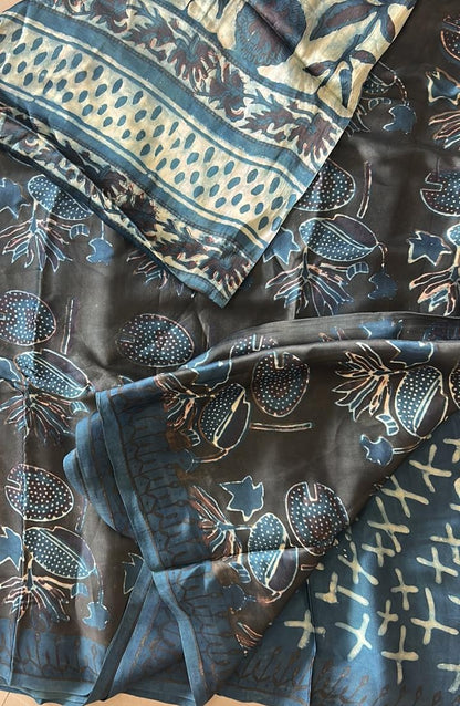 Pure Modal Silk Ajrekh Hand Block Print Grey Saree