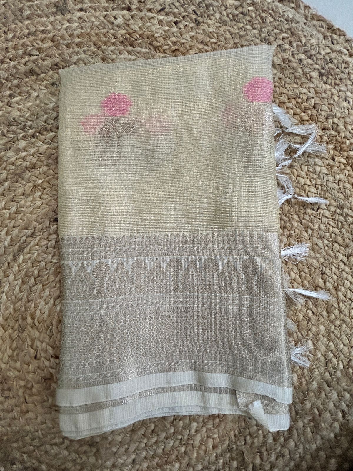 Tissue silk in golden with floral motifs saree