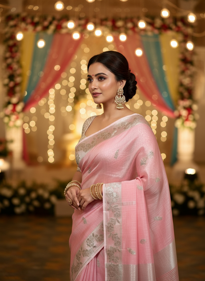 Katan Silk Tissue With Zari Motifs Peach Saree