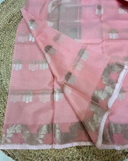 Katan Silk Tissue With Zari Motifs Peach Saree