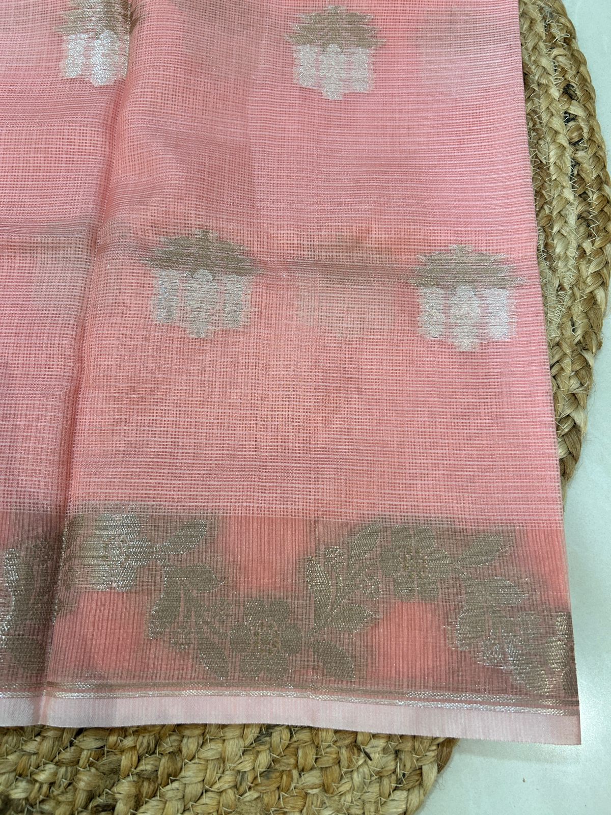 Katan Silk Tissue With Zari Motifs Peach Saree