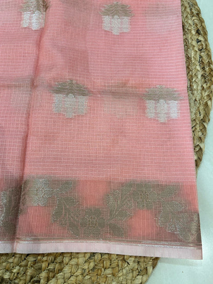 Katan Silk Tissue With Zari Motifs Peach Saree