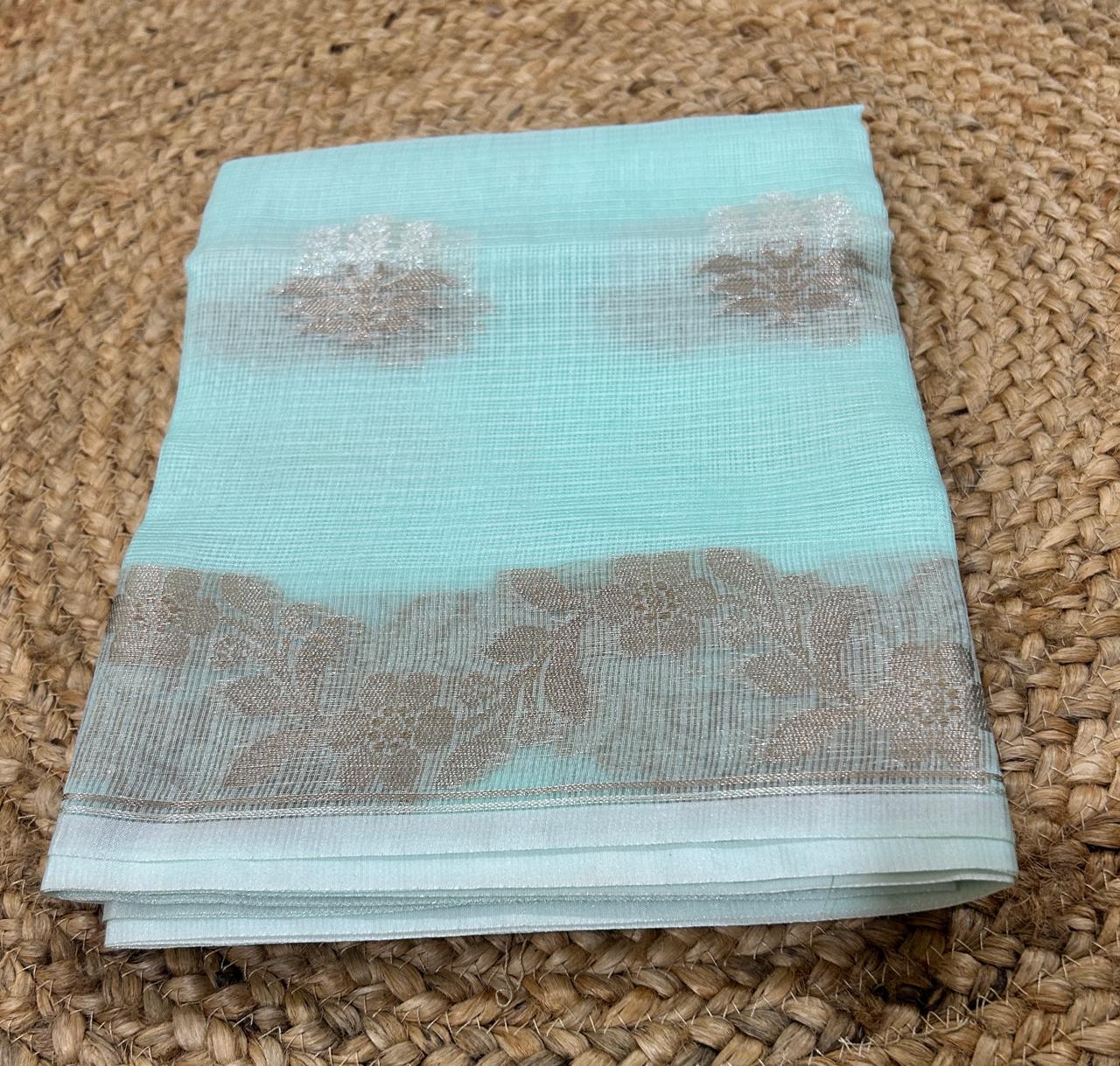 Katan Silk Tissue With Zari Motifs Turquoise Saree