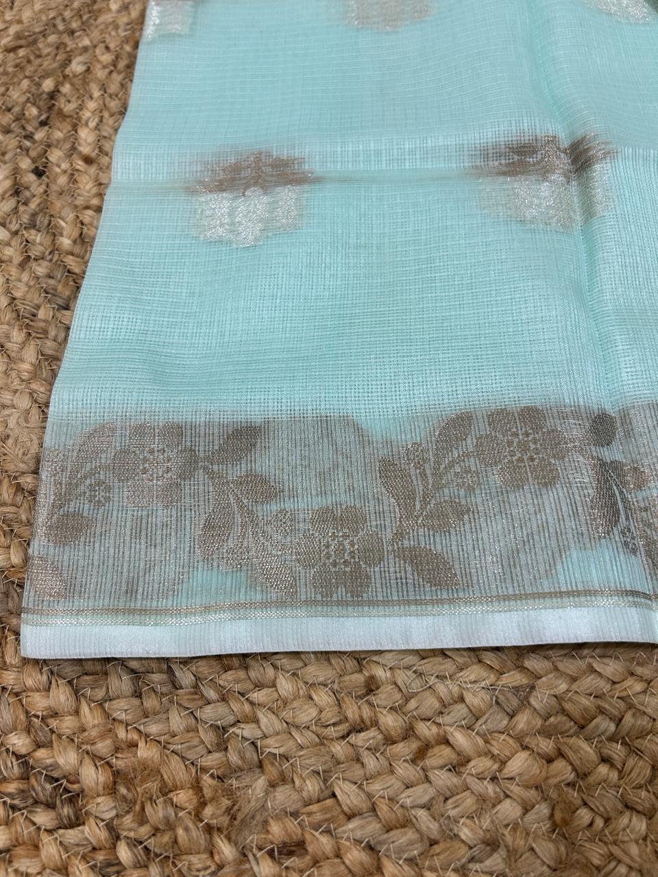 Katan Silk Tissue With Zari Motifs Turquoise Saree