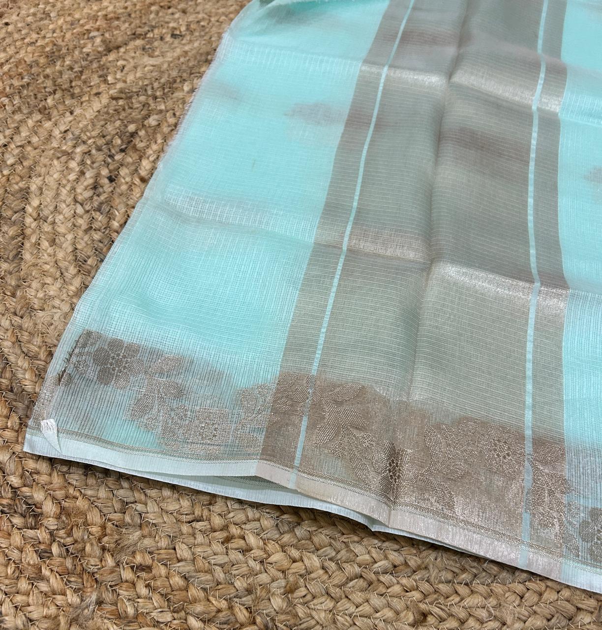 Katan Silk Tissue With Zari Motifs Turquoise Saree