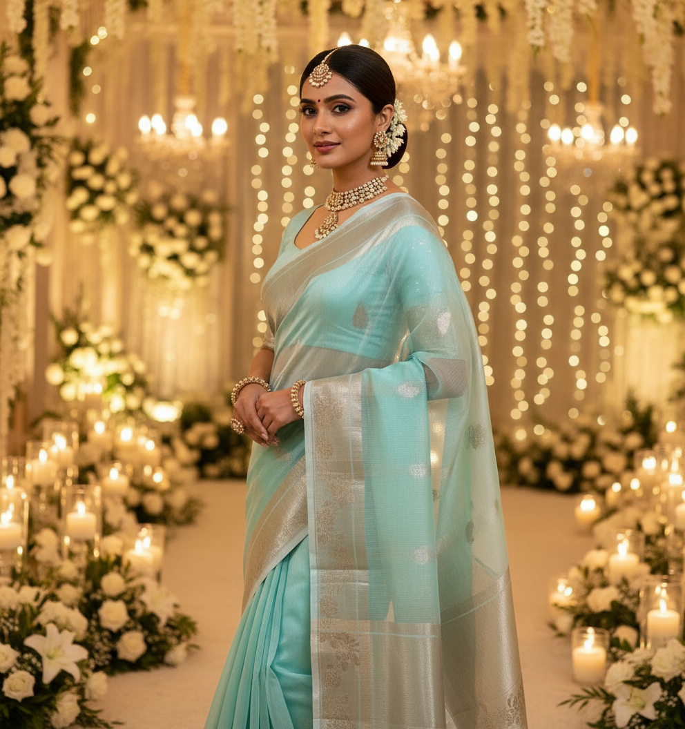 Katan Silk Tissue With Zari Motifs Turquoise Saree