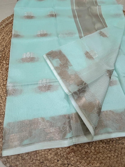 Katan Silk Tissue With Zari Motifs Turquoise Saree