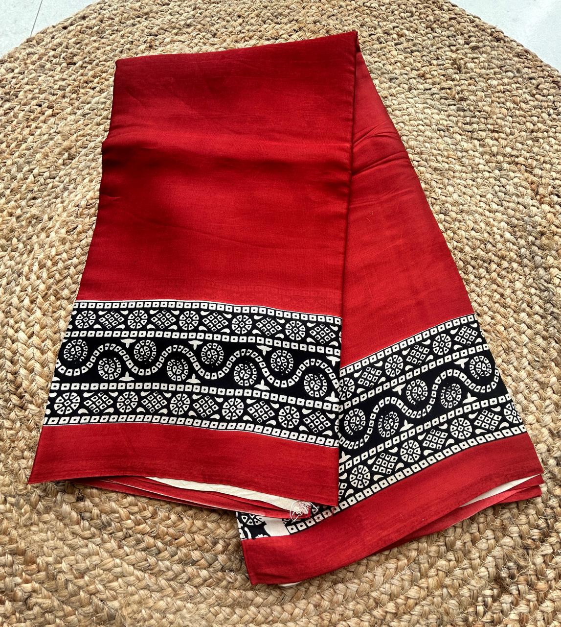 Pure Modal Silk Ajrekh Hand Block Print Red Saree