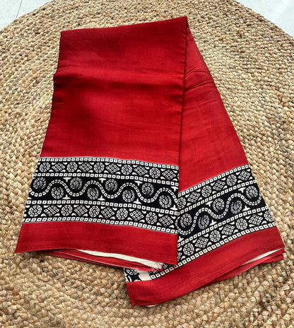 Pure Modal Silk Ajrekh Hand Block Print Red Saree