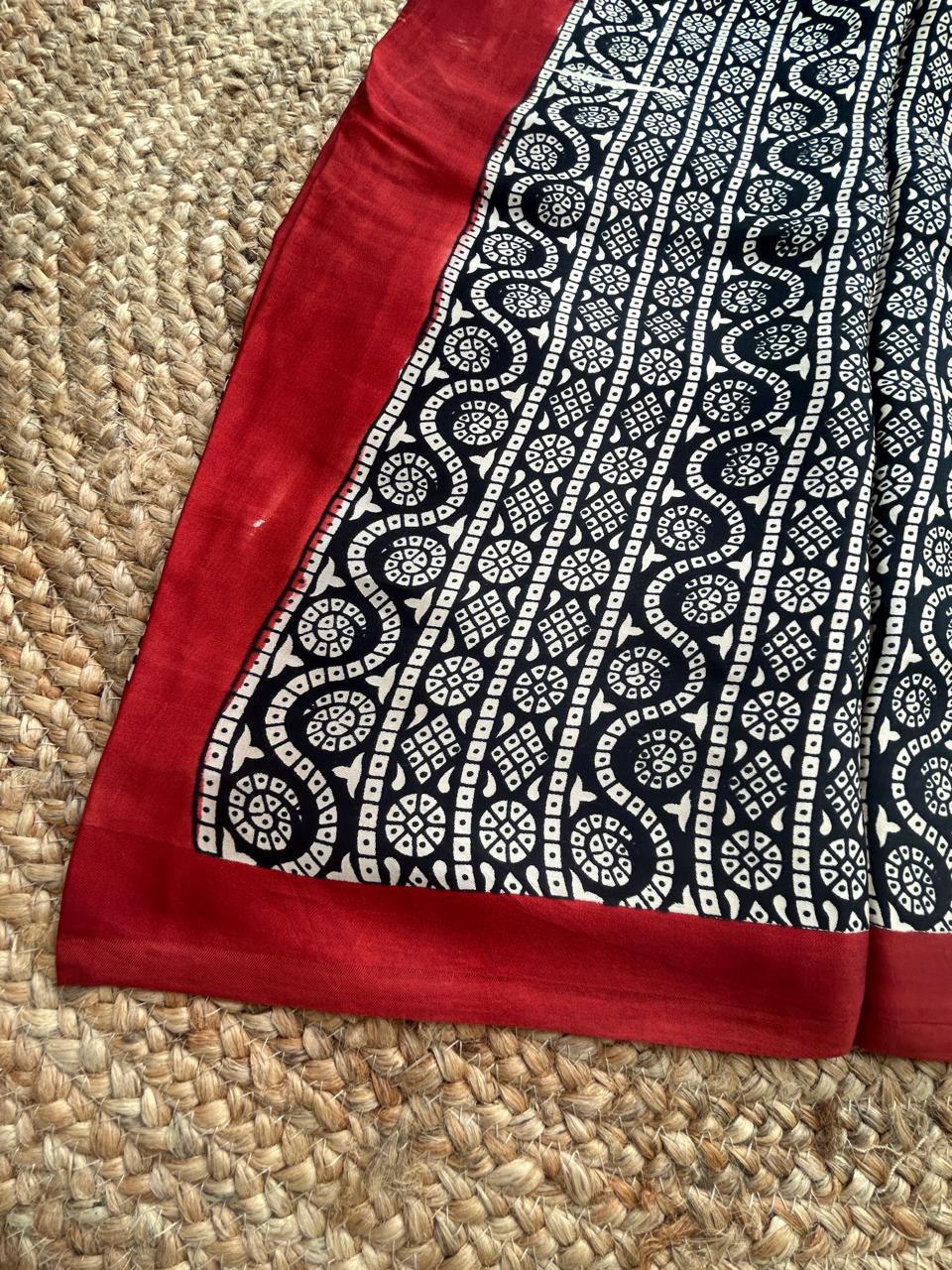 Pure Modal Silk Ajrekh Hand Block Print Red Saree