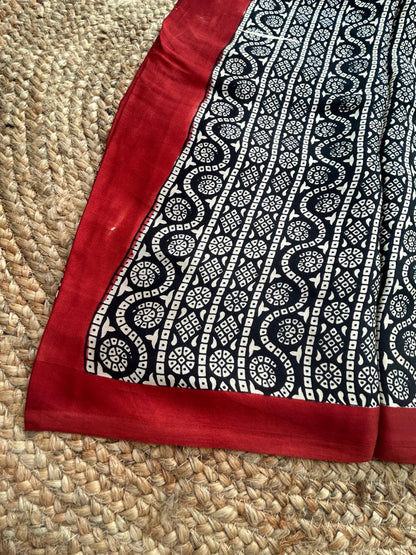 Pure Modal Silk Ajrekh Hand Block Print Red Saree