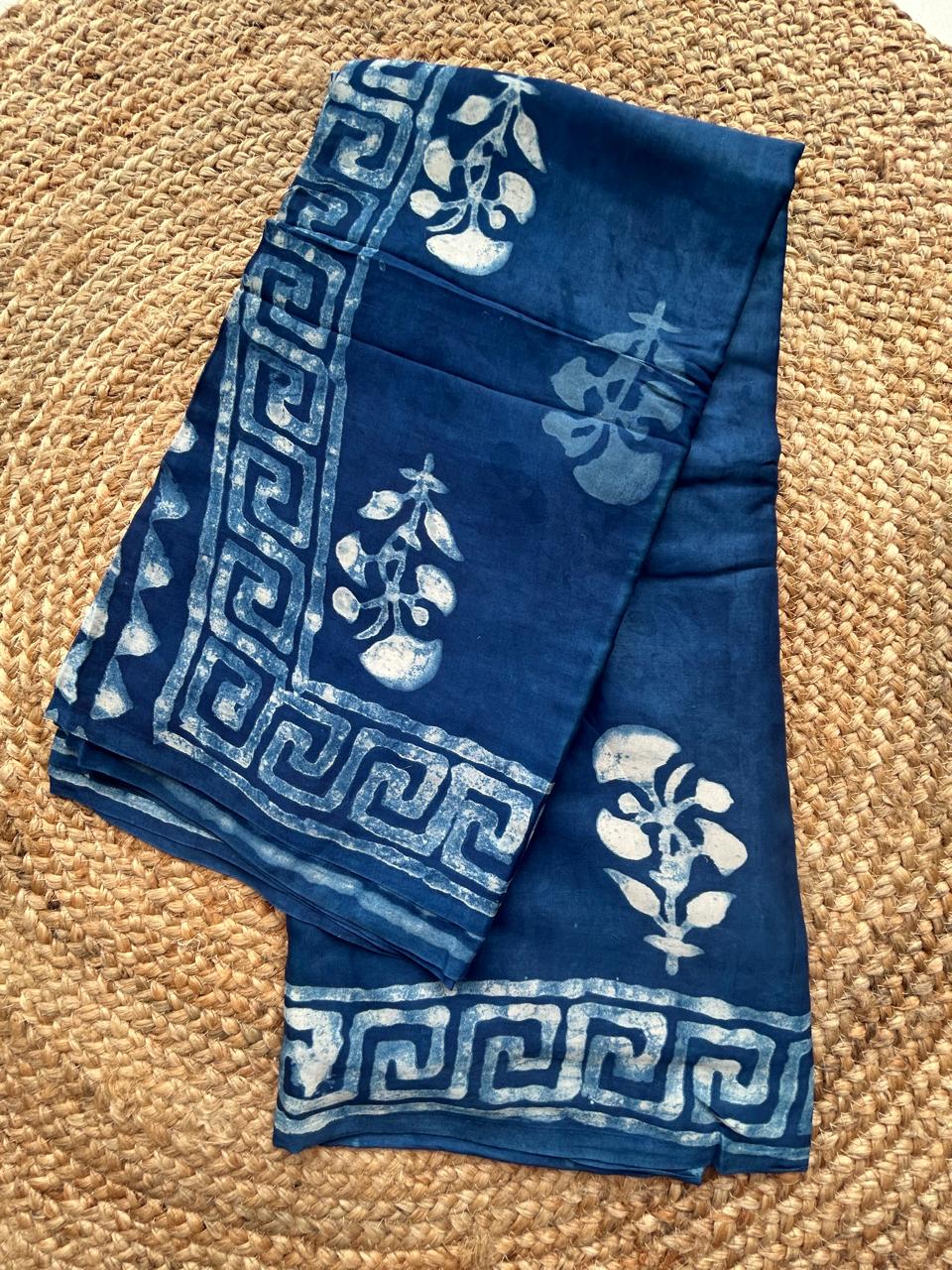 Pure Modal Silk Ajrekh Hand Block Print Blue Saree