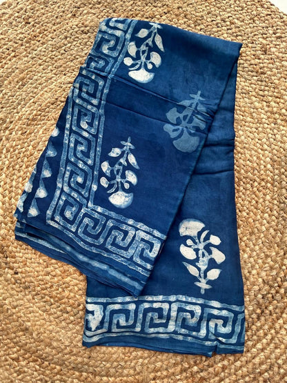 Pure Modal Silk Ajrekh Hand Block Print Blue Saree