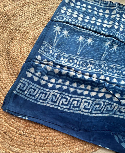 Pure Modal Silk Ajrekh Hand Block Print Blue Saree