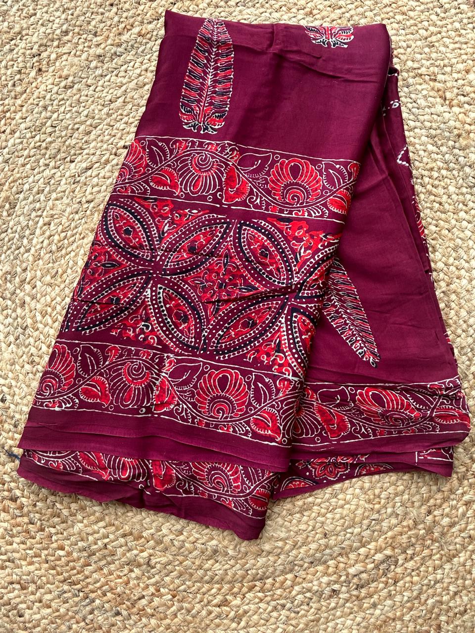 Pure Modal Silk Ajrekh Hand Block Print Wine Color Saree