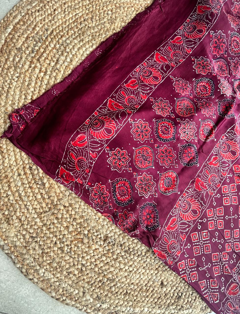 Pure Modal Silk Ajrekh Hand Block Print Wine Color Saree
