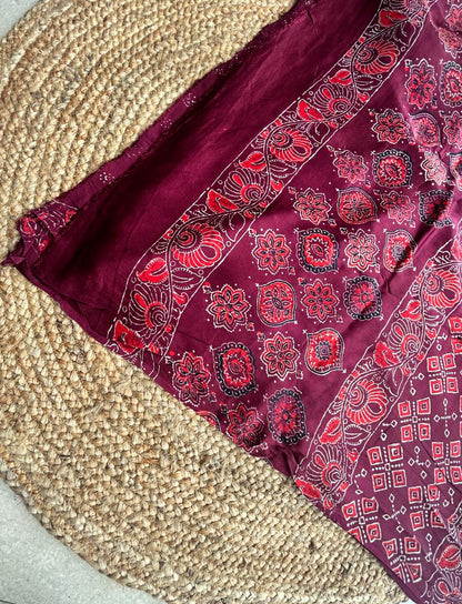 Pure Modal Silk Ajrekh Hand Block Print Wine Color Saree