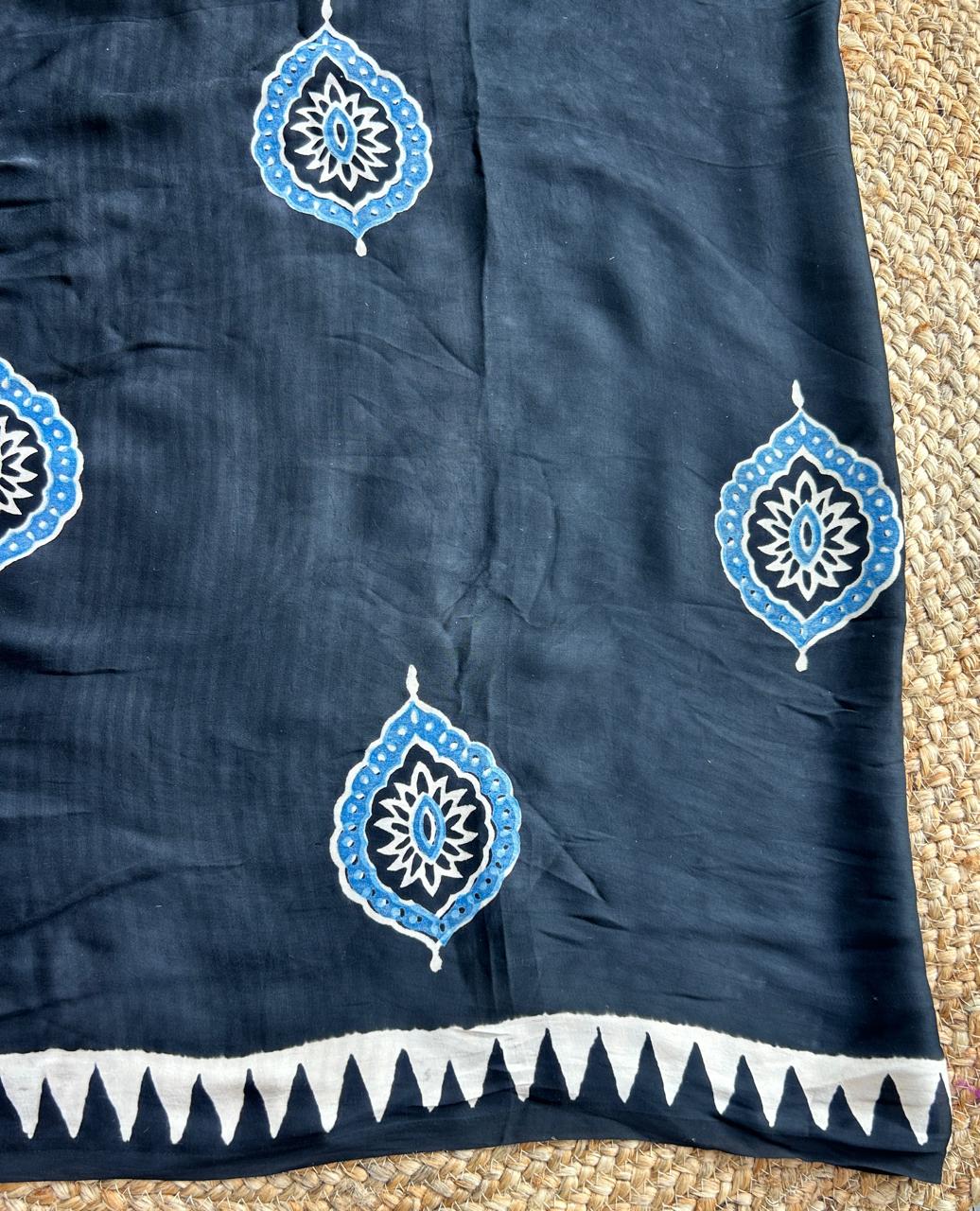 Pure Modal Silk Ajrekh Hand Block Print Black Saree