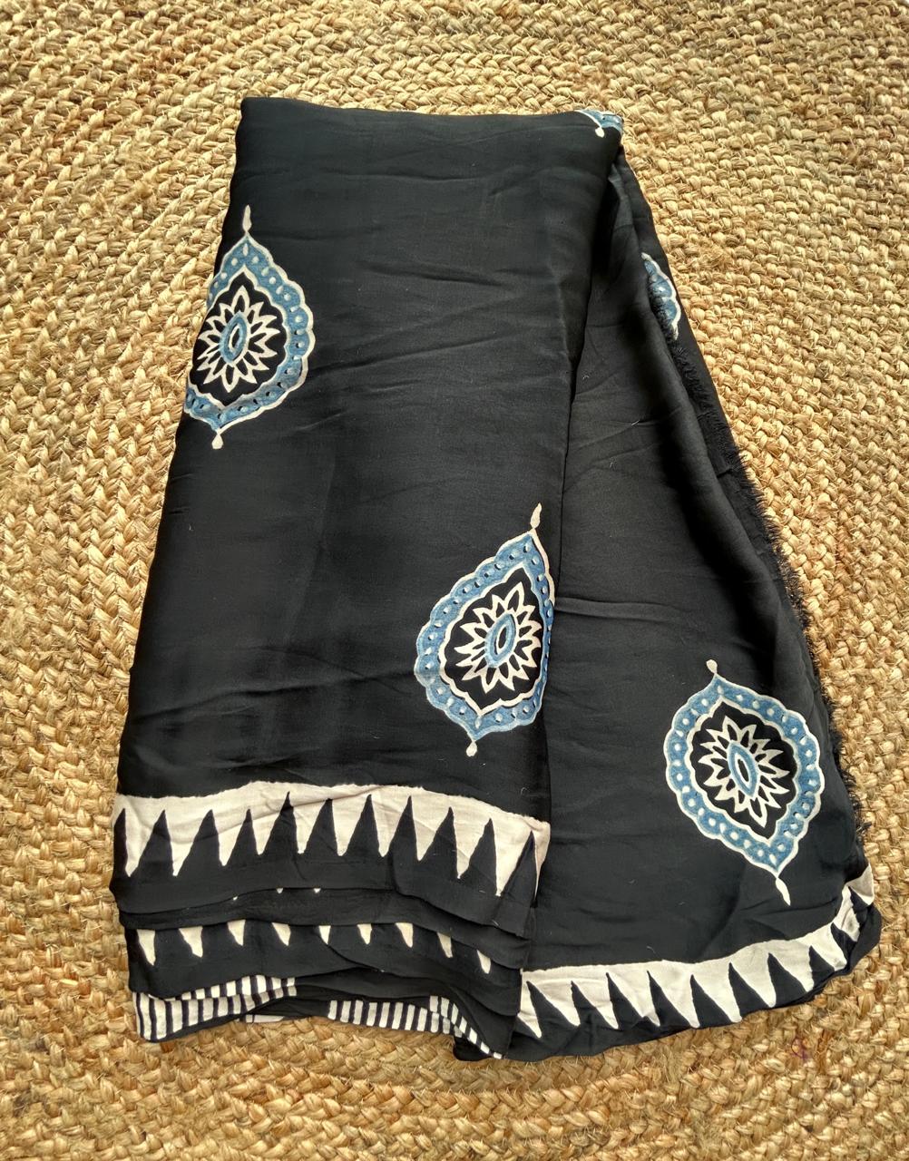 Pure Modal Silk Ajrekh Hand Block Print Black Saree