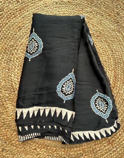 Pure Modal Silk Ajrekh Hand Block Print Black Saree