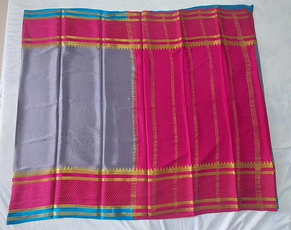 Pure Mysore Silk Saree - 3D Grey with Magenta Bentex Border