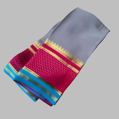 Pure Mysore Silk Saree - 3D Grey with Magenta Bentex Border