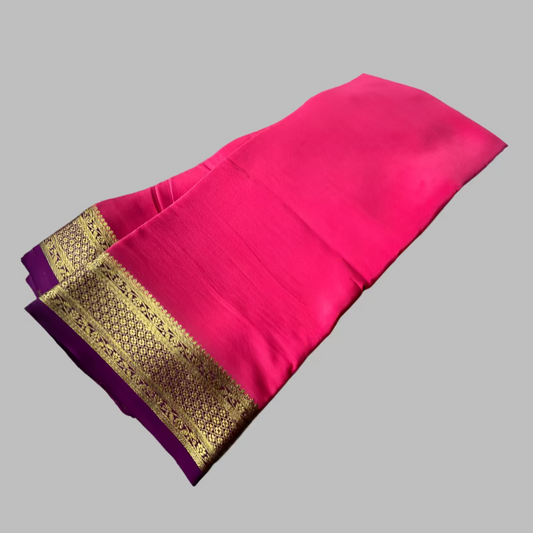 Pure Mysore Silk Saree - Plain in Bright Pink with Purple Border Saree