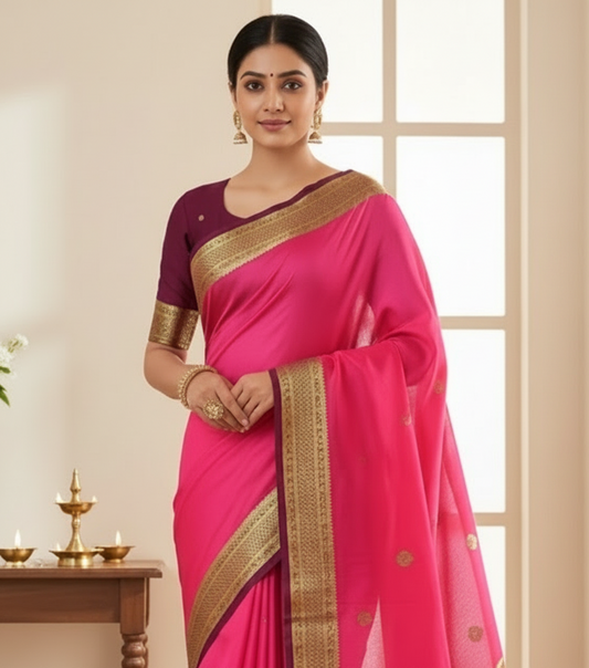 Pure Mysore Silk Saree - Bright Pink with Wine