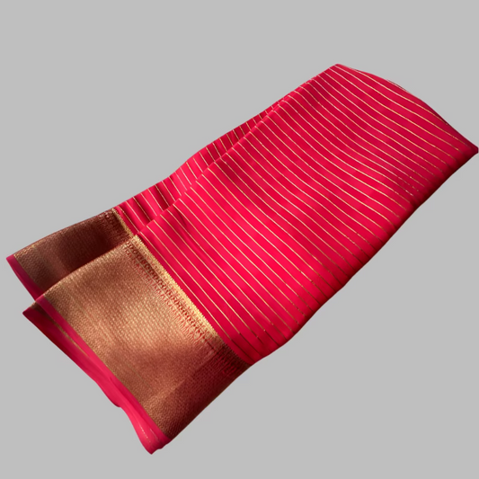 Pure Mysore Silk Saree - Bright peach saree with golden zari checks