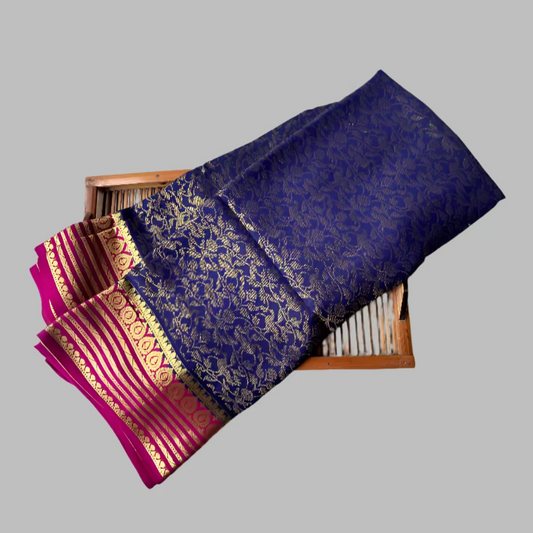 Pure Mysore Silk Saree - Zaal pattern in Navy blue and Magenta border