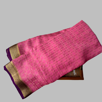 Pure Mysore Silk Saree - Checkered Pattern in Peach with Wine