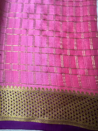 Pure Mysore Silk Saree - Checkered Pattern in Peach with Wine