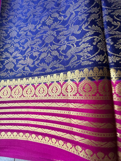 Pure Mysore Silk Saree - Zaal Work In Navy Blue with Magenta