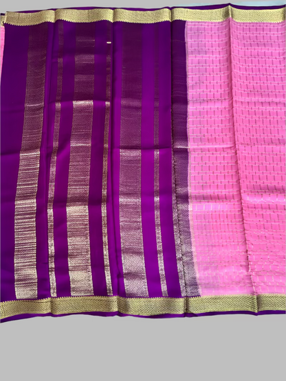 Pure Mysore Silk Saree - Checkered Pattern in Peach with Wine