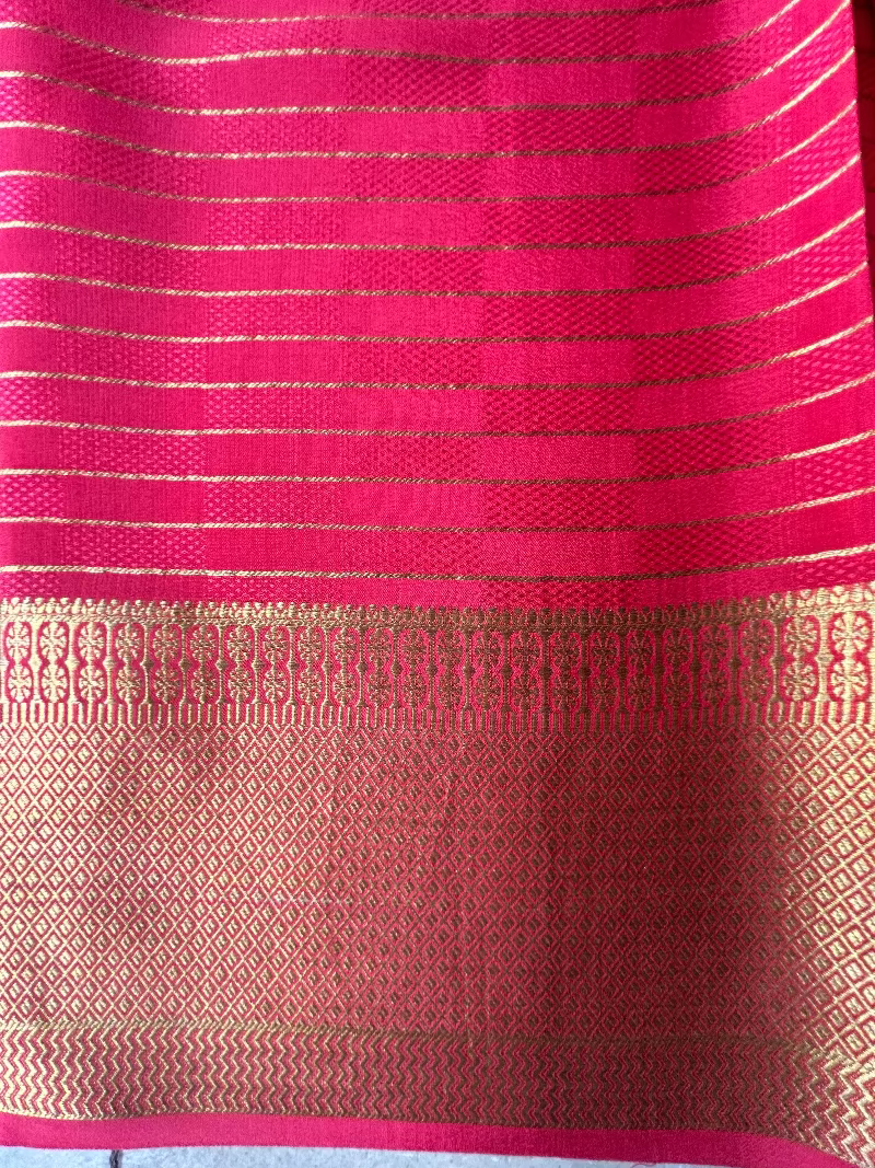 Pure Mysore Silk Saree - Bright peach saree with golden zari checks