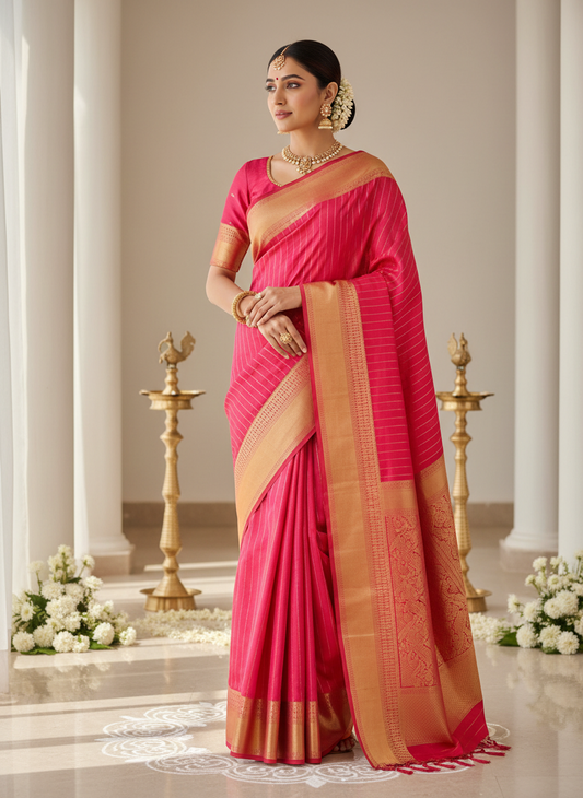 Pure Mysore Silk Saree - Bright Peach with Zari Lines