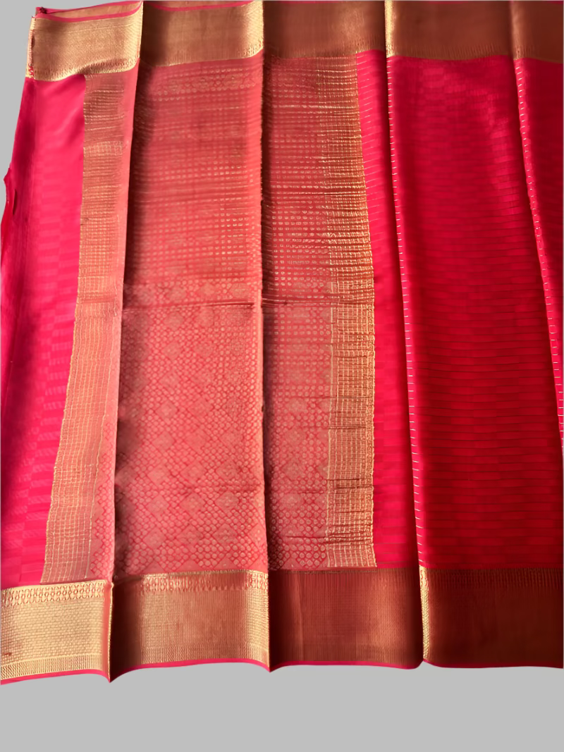 Pure Mysore Silk Saree - Bright peach saree with golden zari checks