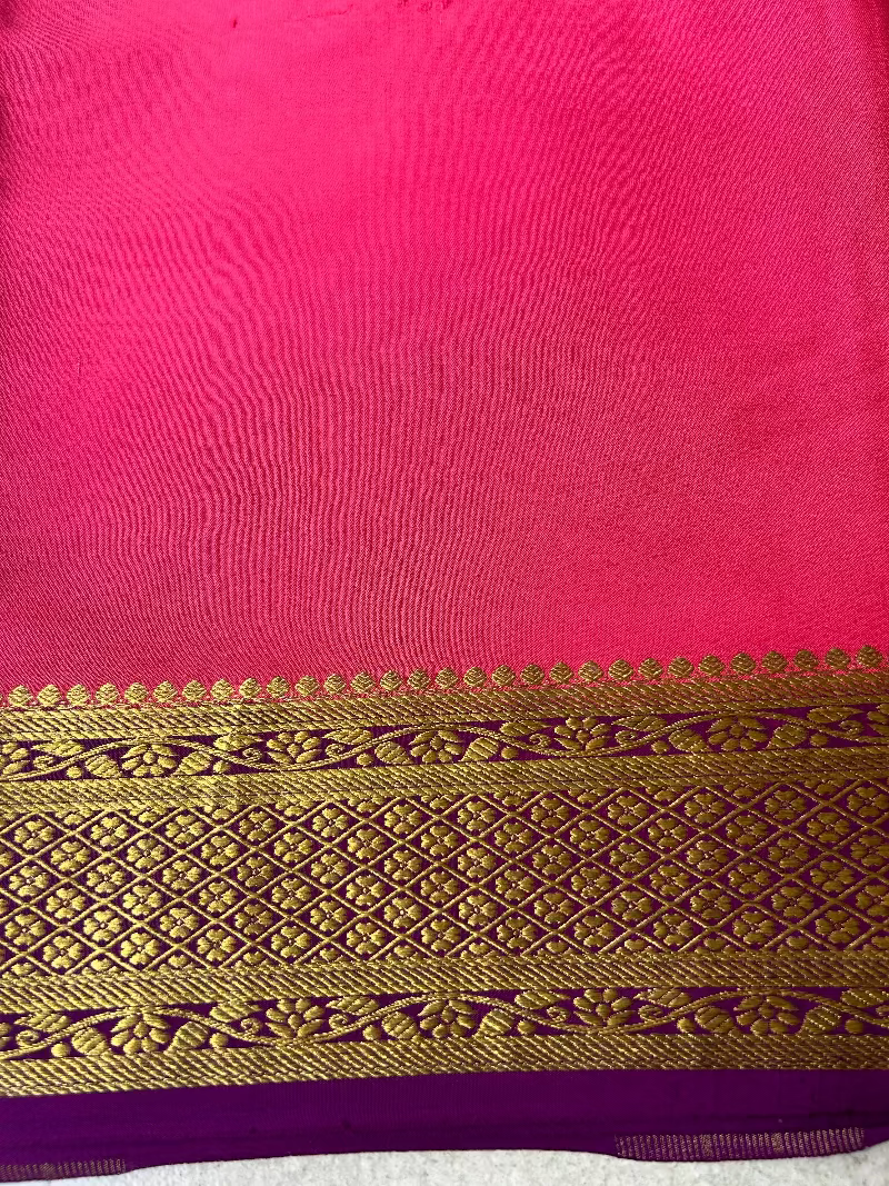 Pure Mysore Silk Saree - Plain in Bright Pink with Purple Border Saree