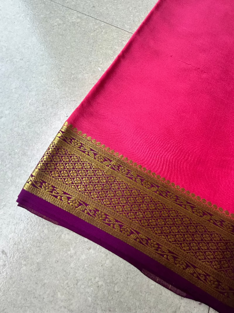 Pure Mysore Silk Saree - Plain in Bright Pink with Purple Border Saree