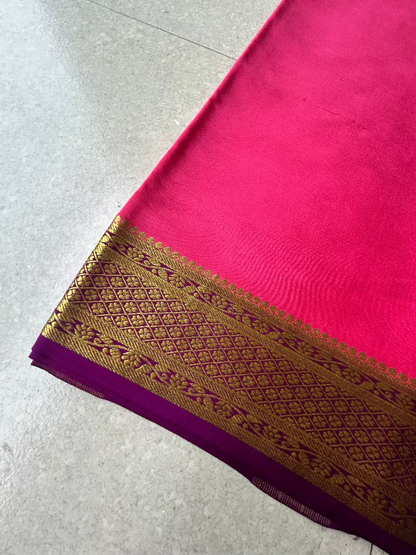 Pure Mysore Silk Saree - Bright Pink with Wine