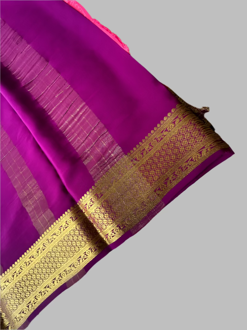 Pure Mysore Silk Saree - Plain in Bright Pink with Purple Border Saree