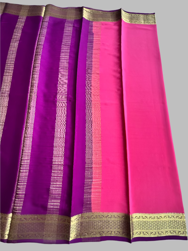 Pure Mysore Silk Saree - Plain in Bright Pink with Purple Border Saree