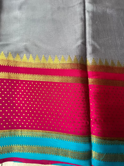 Pure Mysore Silk Saree - 3D Grey with Magenta Bentex Border
