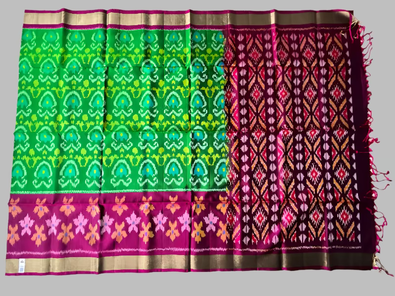Pure Pochampally Ikkat Silk in Green with Wine border Saree