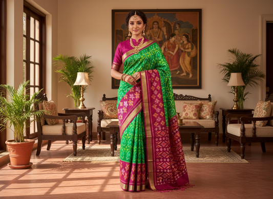 Pure Pochampally Ikkat Silk in Green with Wine border Saree
