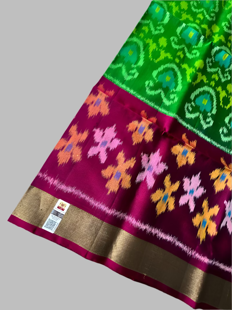 Pure Pochampally Ikkat Silk in Green with Wine border Saree