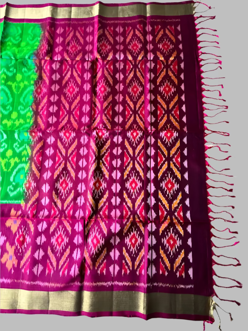 Pure Pochampally Ikkat Silk in Green with Wine border Saree