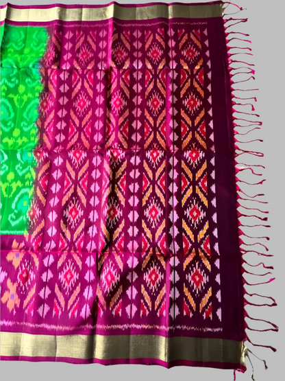 Pure Pochampally Ikkat Silk in Green with Wine border Saree