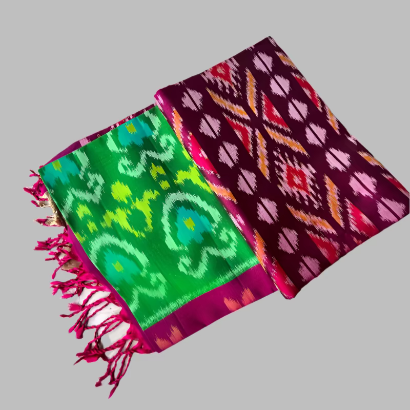 Pure Pochampally Ikkat Silk in Green with Wine border Saree